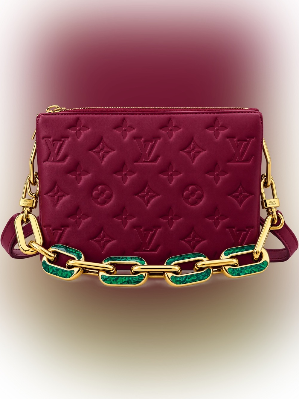 Louis Vuitton Burgundy Leather Mini Bag with Green-Accented Gold Chain